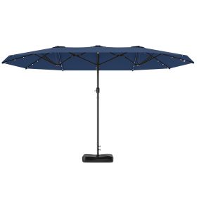 Garden Parasol 14.4ft Double-Sided Sun Umbrella With Base, Patio Parasol With LED Solar Lights, Navy Blue