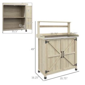 Outdoor Wooden Potting Bench With Storage Cabinet, Shelves, Galvanized Plated Tabletop For Backyard, Balcony, Natural
