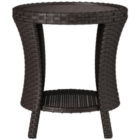 18 Wicker Outdoor Coffee Table, PE Rattan Patio Side Table With 2-Tier Storage, Composite Wood Top, Mixed Brown