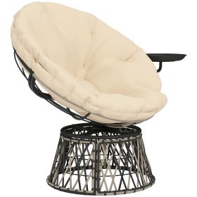 360 Swivel Outdoor Papasan Chair, 39 Overstuffed Circle Chair With Side Tray, Thick Cushion For Indoor Patio, Beige