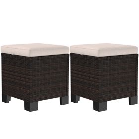 2 Piece Wicker Outdoor Ottomans With Cushions, Rattan Ottoman Footrest And Side Table For Patio, Yard, Poolside, Cream