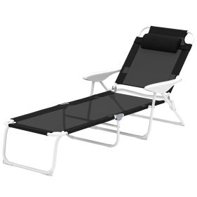 Folding Chaise Lounge, Outdoor Sun Tanning Chair, 4-Position Reclining Back, Armrests, Removable Pillow, Black