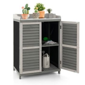 fuGrey Solid Wood Patio Storage Cabinet Garden Potting Bench Table with Metal Top