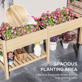 Wood Raised Garden Box, Elevated Garden Bed With Side Table, Bottom Shelf, Bed Liners And Drainage Holes, Natural