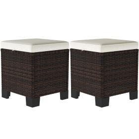 2 Piece Wicker Outdoor Ottomans With Cushions, Rattan Ottoman Footrest And Side Table For Patio, Yard, Poolside, Beige