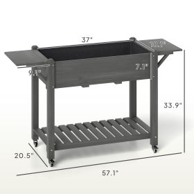 Wood Raised Planter Box, Elevated Garden Bed With Lockable Wheels, Side Tables, Bottom Shelf, Drain Holes, Gray