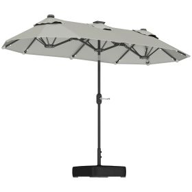 Double-sided Outdoor Patio Umbrella With Solar Lights And Base, Dining Table Umbrella Push Button Tilt, Gray