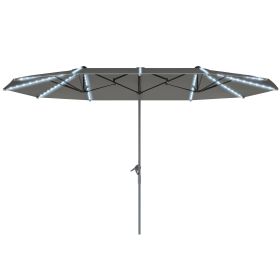 15ft Double-Sided Outdoor Umbrella With Solar Lights, Extra Large Aluminum Patio Umbrella With Crank, Dark Gray