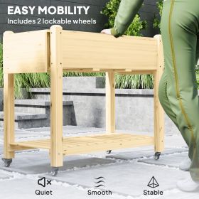 Wood Raised Planter Box, Elevated Garden Bed With Lockable Wheels, Side Tables, Bottom Shelf, Drain Holes, Natural