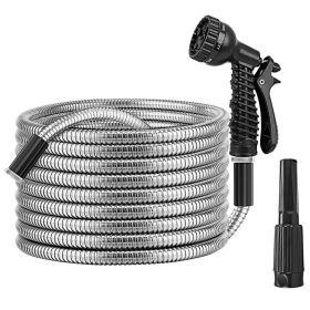 25FT-50FT-100FT Options -- 1Pc Heavy Duty Stainless Steel Garden Hose Garden Watering Kit Metal Water Hose With 2 Nozzles 12 Patterns Flexible Extenda (Option: 50FT)